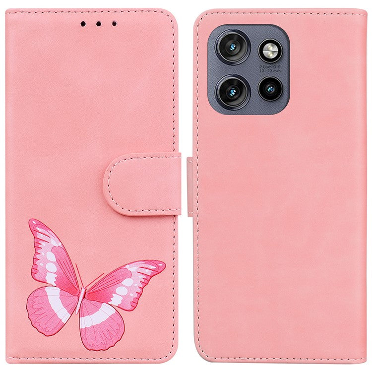 For Motorola Edge 50 Neo 5G / Moto S50 5G Stand Case PU Leather Phone Cover Butterfly Printed - Pink