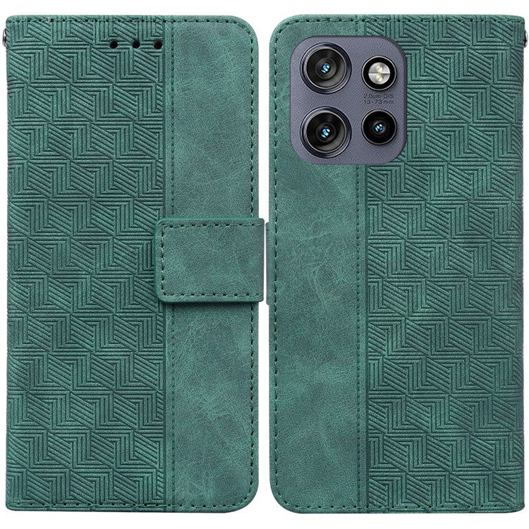 For Motorola Edge 50 Neo 5G / Moto S50 5G Case Geometry Pattern Leather Wallet Phone Cover - Green