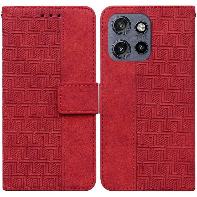For Motorola Edge 50 Neo 5G / Moto S50 5G Case Geometry Pattern Leather Wallet Phone Cover - Red