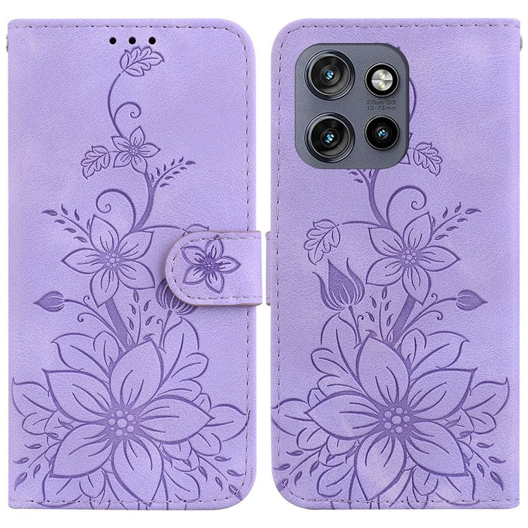 For Motorola Edge 50 Neo 5G / Moto S50 5G Case Lily Flower Imprint Leather Phone Cover with Stand - Purple
