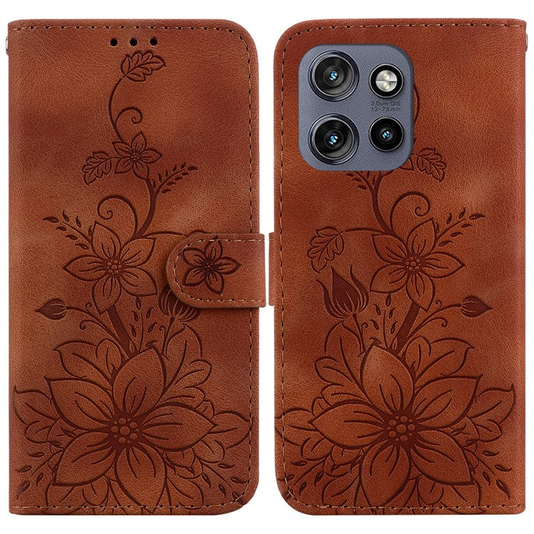 For Motorola Edge 50 Neo 5G / Moto S50 5G Case Lily Flower Imprint Leather Phone Cover with Stand - Brown