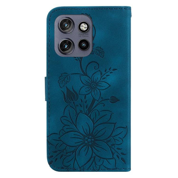 For Motorola Edge 50 Neo 5G / Moto S50 5G Case Lily Flower Imprint Leather Phone Cover with Stand - Dark Blue