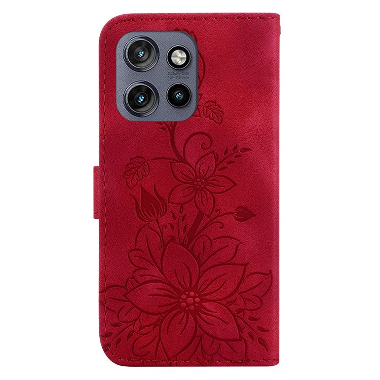 For Motorola Edge 50 Neo 5G / Moto S50 5G Case Lily Flower Imprint Leather Phone Cover with Stand - Red