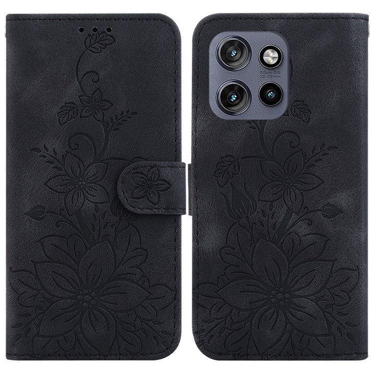 For Motorola Edge 50 Neo 5G / Moto S50 5G Case Lily Flower Imprint Leather Phone Cover with Stand - Black