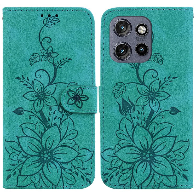 For Motorola Edge 50 Neo 5G / Moto S50 5G Case Lily Flower Imprint Leather Phone Cover with Stand - Green