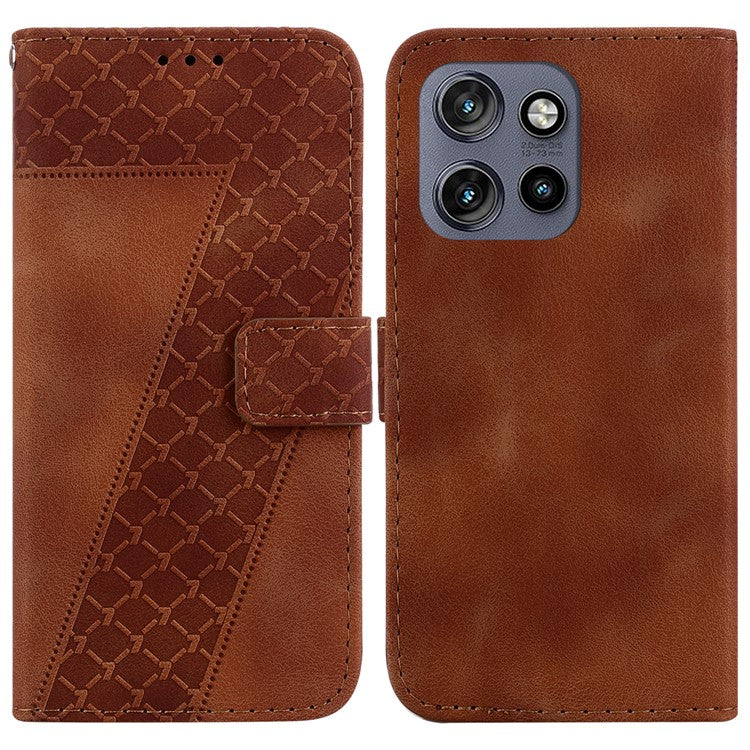 For Motorola Edge 50 Neo 5G / Moto S50 5G Stand Case 7-Shaped Pattern Imprint Leather Phone Cover - Brown