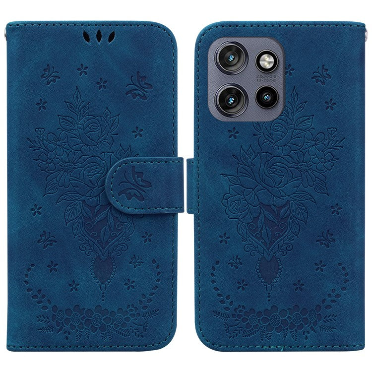 For Motorola Edge 50 Neo 5G / Moto S50 5G Case PU Leather Wallet Phone Cover Butterfly Flower Imprint - Blue