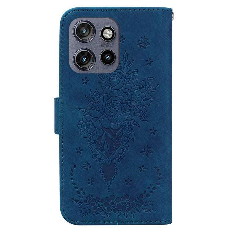 For Motorola Edge 50 Neo 5G / Moto S50 5G Case PU Leather Wallet Phone Cover Butterfly Flower Imprint - Blue