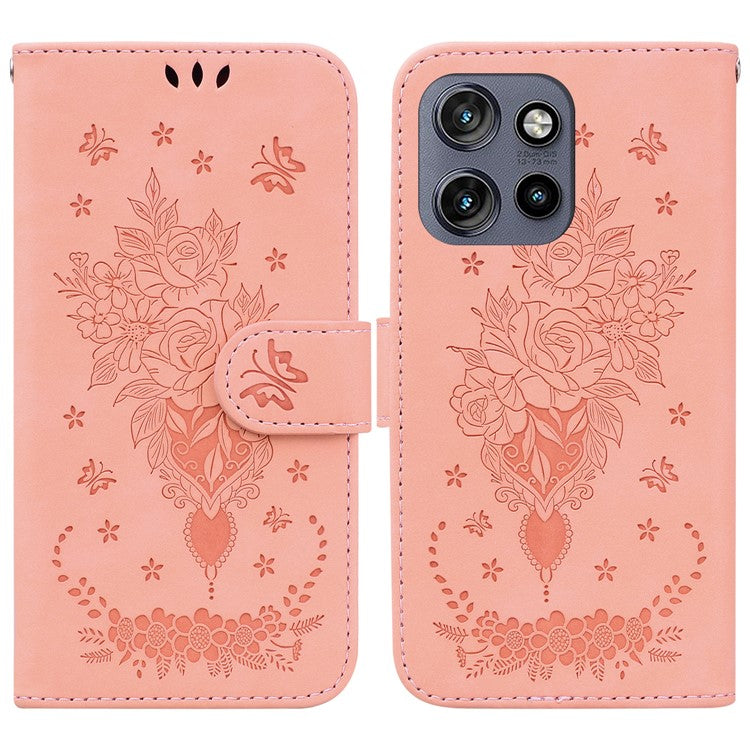 For Motorola Edge 50 Neo 5G / Moto S50 5G Case PU Leather Wallet Phone Cover Butterfly Flower Imprint - Pink