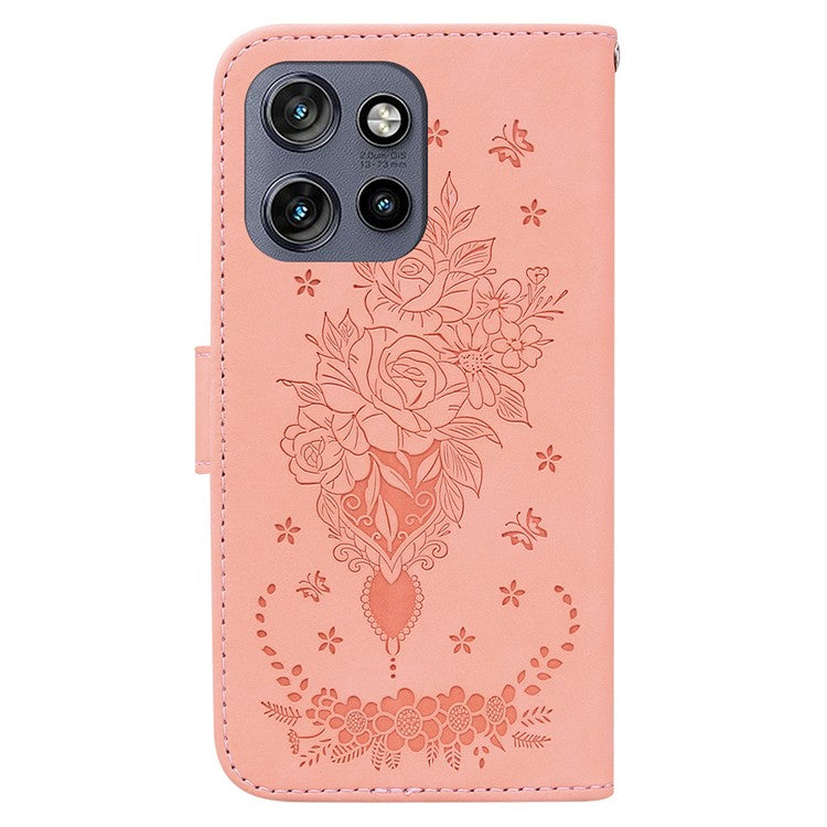 For Motorola Edge 50 Neo 5G / Moto S50 5G Case PU Leather Wallet Phone Cover Butterfly Flower Imprint - Pink