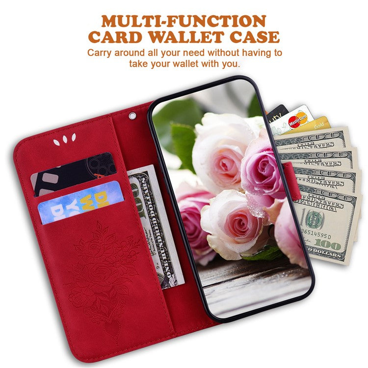 For Motorola Edge 50 Neo 5G / Moto S50 5G Case PU Leather Wallet Phone Cover Butterfly Flower Imprint - Red