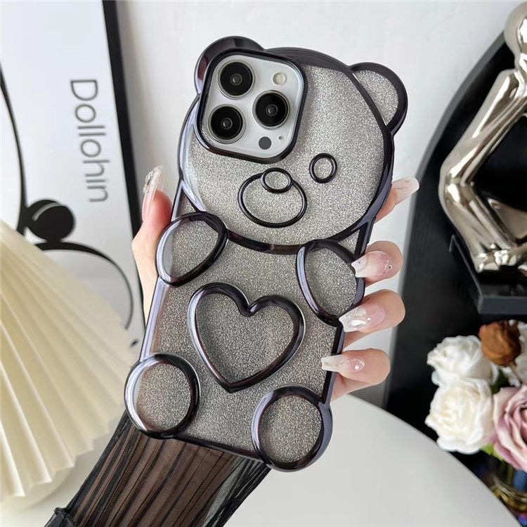 For iPhone 16 Pro Case Cartoon Bear Bling Glitter Electroplated TPU Phone Cover - Black