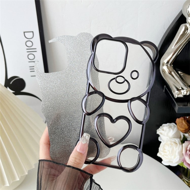 For iPhone 16 Pro Case Cartoon Bear Bling Glitter Electroplated TPU Phone Cover - Black