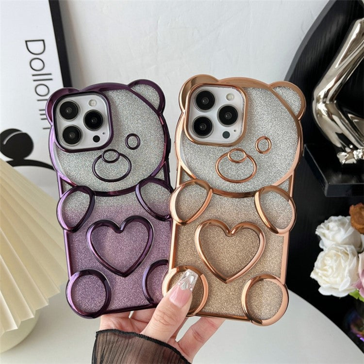 For iPhone 16 Pro Case Cartoon Bear Bling Glitter Electroplated TPU Phone Cover - Black