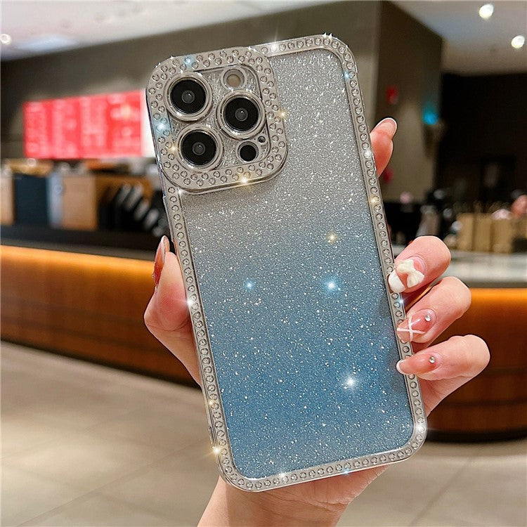 For iPhone 16 Pro Case Glitter Phone Case Rhinestone Decor Electroplating Protective Cover - Gradient Blue