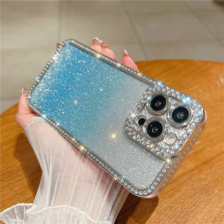 For iPhone 16 Pro Case Glitter Phone Case Rhinestone Decor Electroplating Protective Cover - Gradient Blue