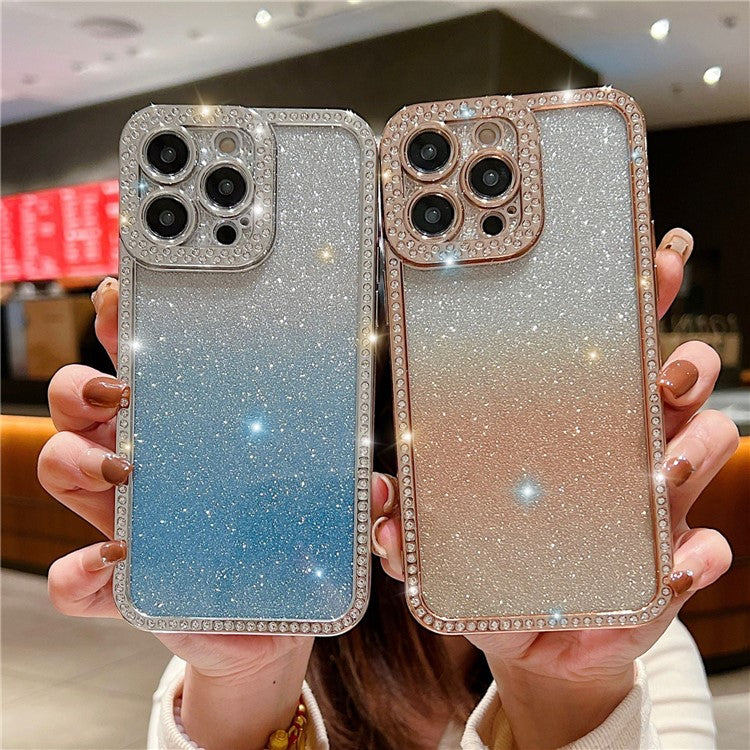 For iPhone 16 Pro Case Glitter Phone Case Rhinestone Decor Electroplating Protective Cover - Gradient Blue