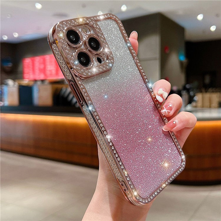 For iPhone 16 Pro Case Glitter Phone Case Rhinestone Decor Electroplating Protective Cover - Gradient Blue