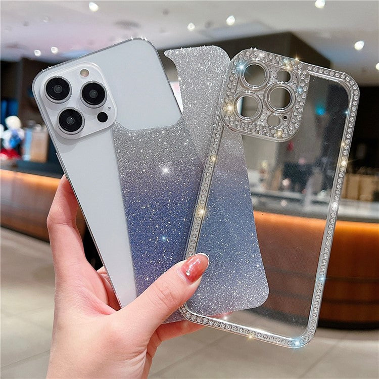 For iPhone 16 Pro Case Glitter Phone Case Rhinestone Decor Electroplating Protective Cover - Gradient Blue