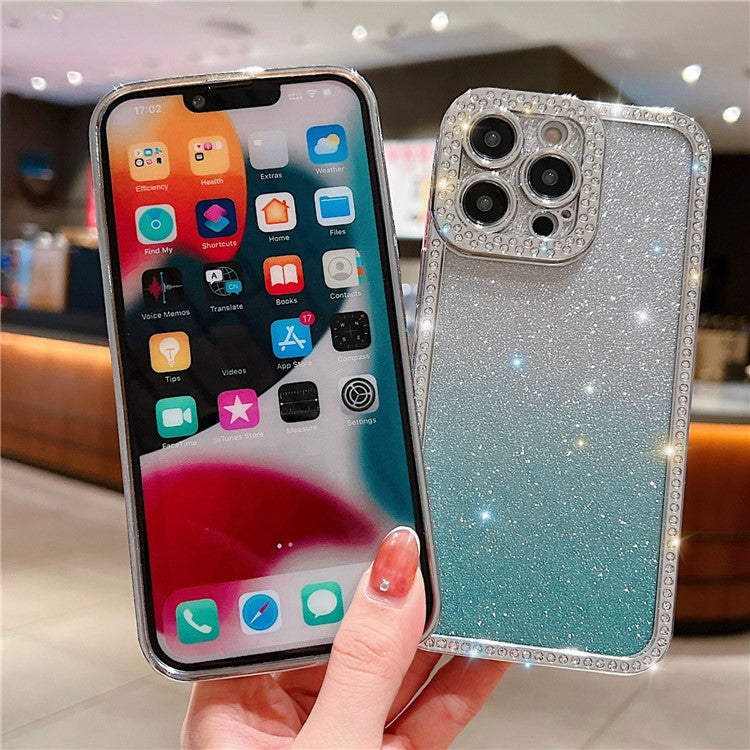 For iPhone 16 Pro Case Glitter Phone Case Rhinestone Decor Electroplating Protective Cover - Gradient Blue