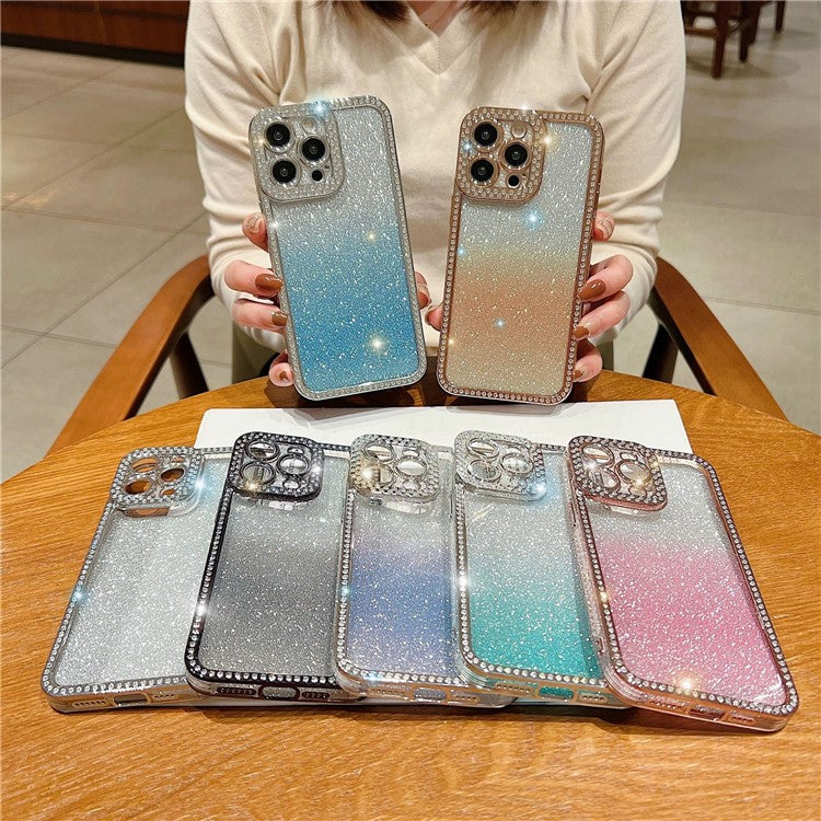 For iPhone 16 Pro Case Glitter Phone Case Rhinestone Decor Electroplating Protective Cover - Gradient Blue
