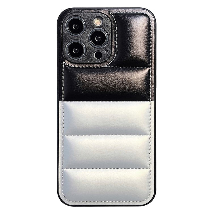 For iPhone 16 Pro Case Anti-Scratch Down Jacket PU Leather+TPU Phone Cover - Silver