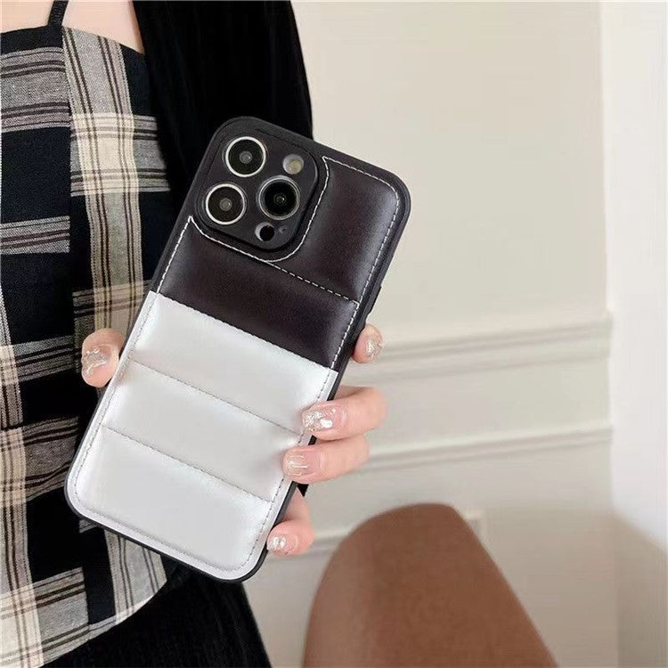 For iPhone 16 Pro Case Anti-Scratch Down Jacket PU Leather+TPU Phone Cover - Silver