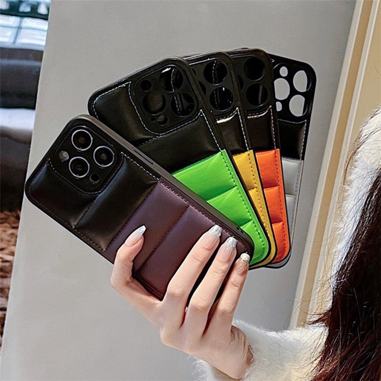 For iPhone 16 Pro Case Anti-Scratch Down Jacket PU Leather+TPU Phone Cover - Silver