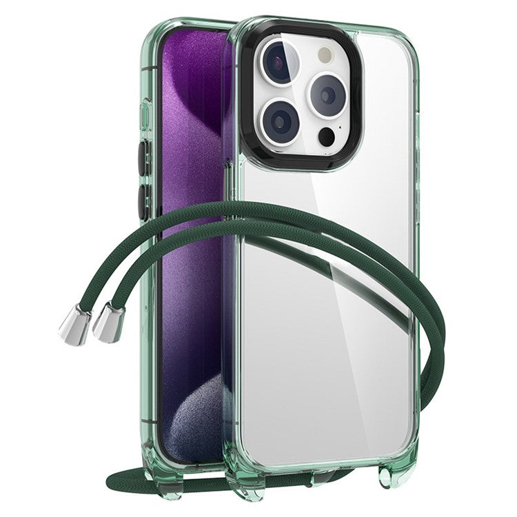 For iPhone 16 Pro Case Clear PC+TPU Hybrid Phone Cover with Lanyard - Green