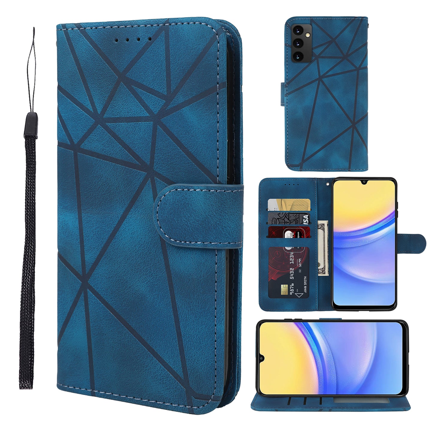 For Samsung Galaxy A16 5G / A16 4G Stand Case Line Pattern Leather Phone Cover - Blue