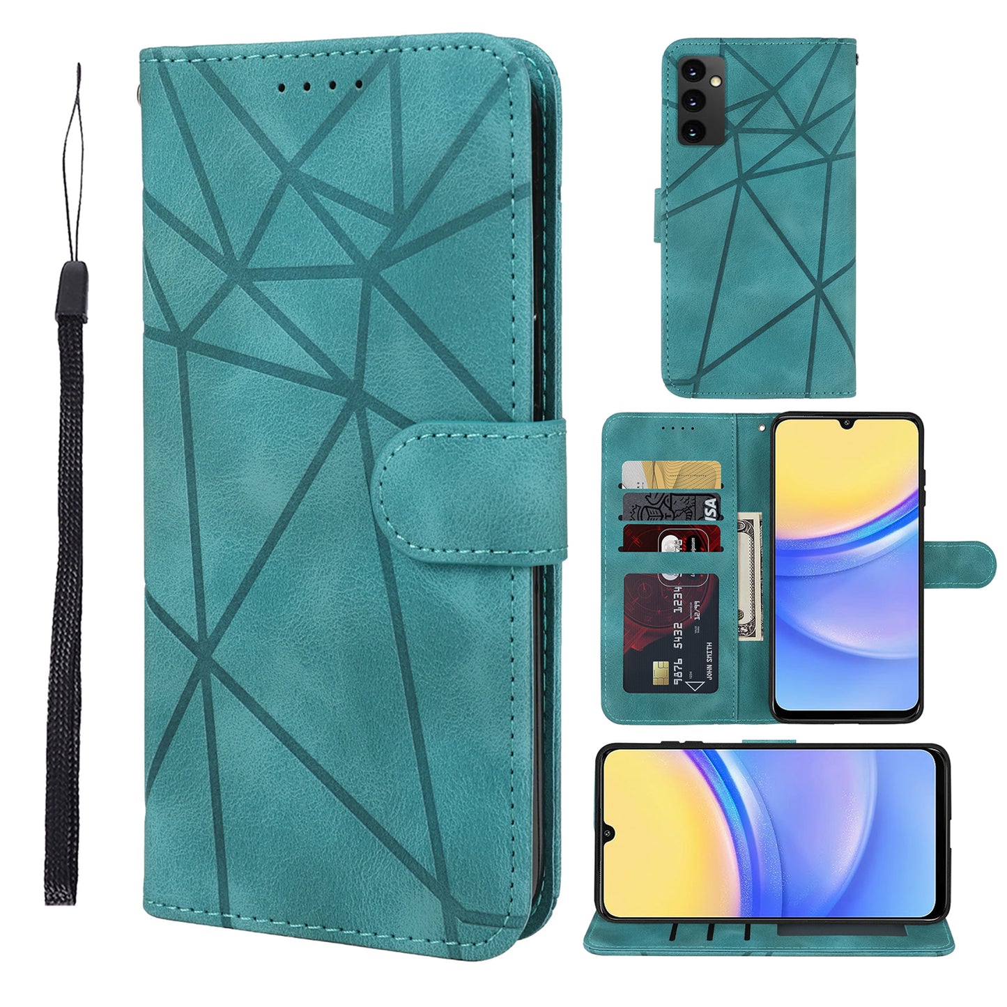 For Samsung Galaxy A16 5G / A16 4G Stand Case Line Pattern Leather Phone Cover - Green