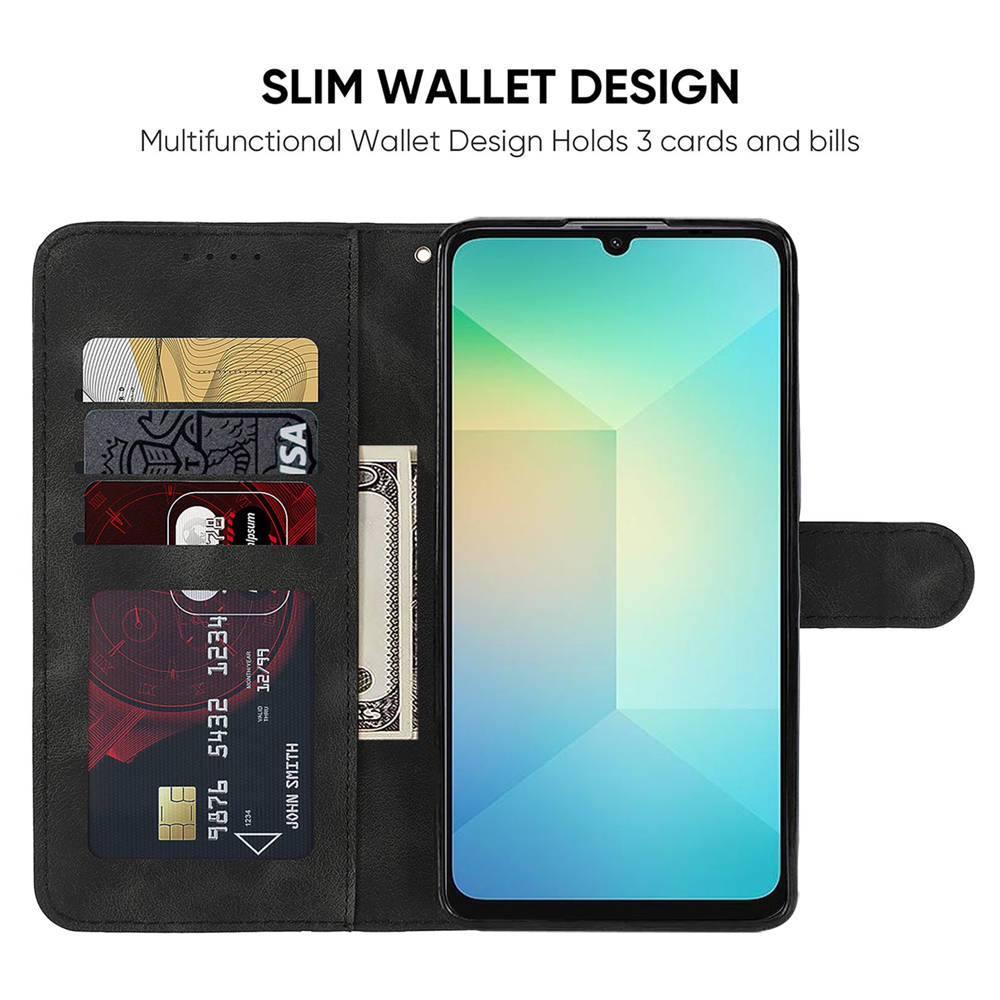 For Samsung Galaxy A06 Stand Case Line Pattern Leather Phone Cover - Black
