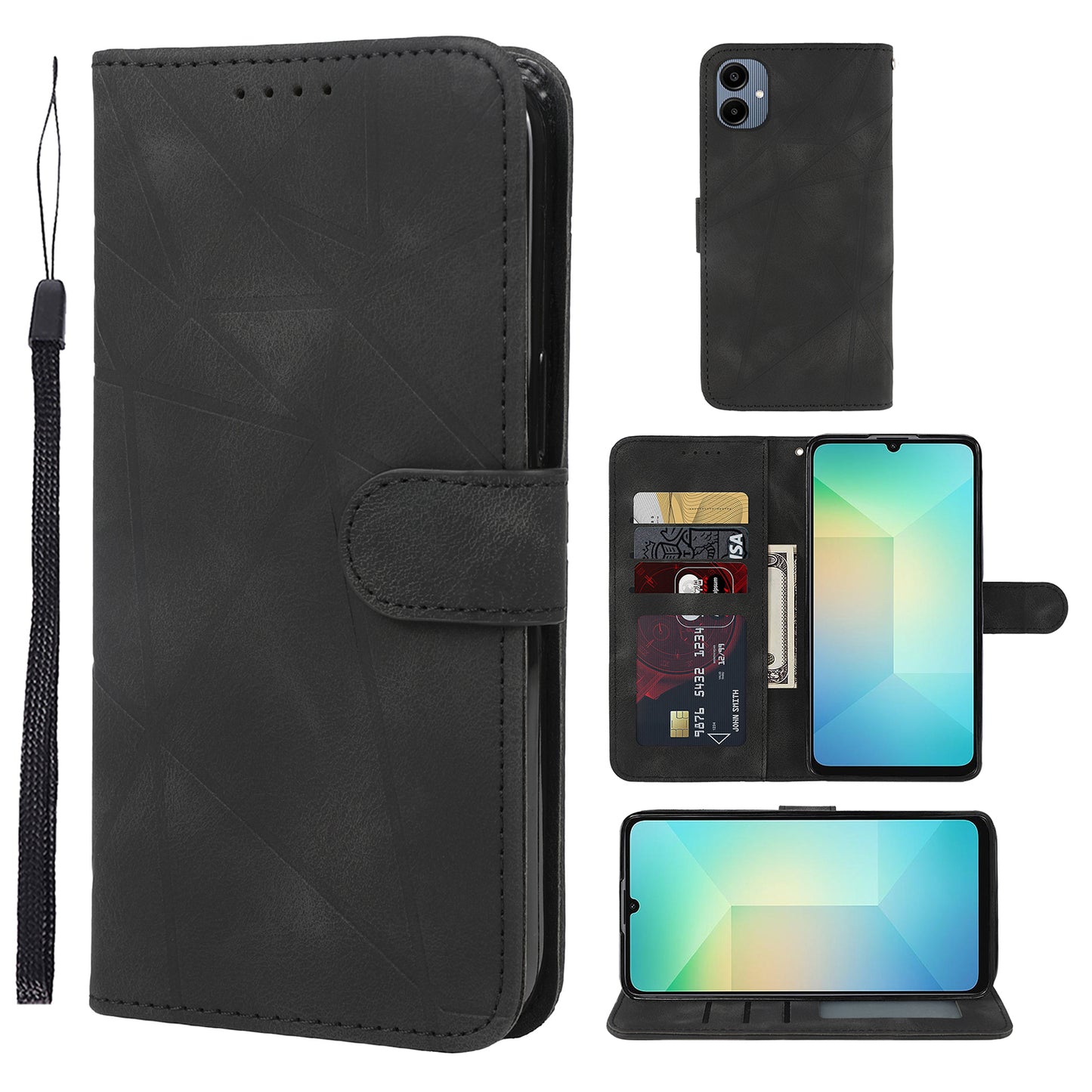 For Samsung Galaxy A06 Stand Case Line Pattern Leather Phone Cover - Black