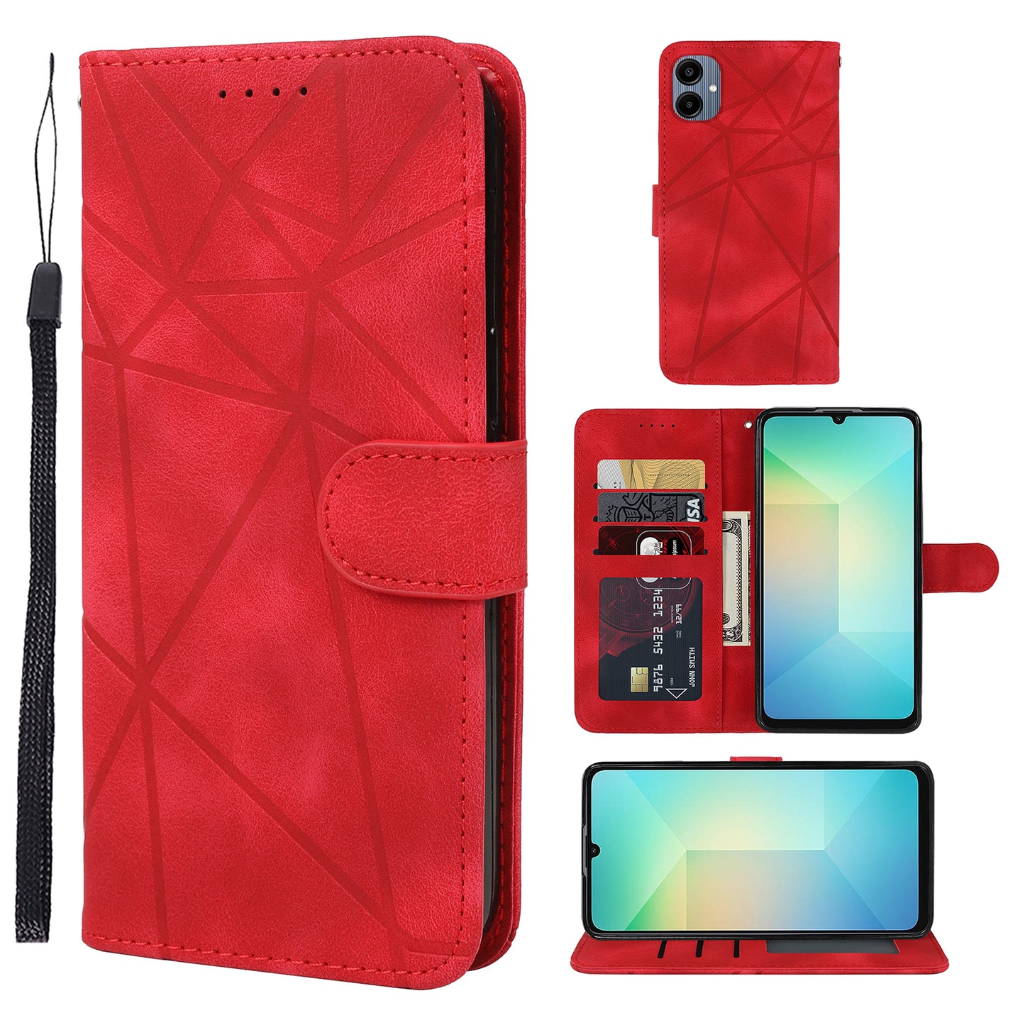 For Samsung Galaxy A06 Stand Case Line Pattern Leather Phone Cover - Red