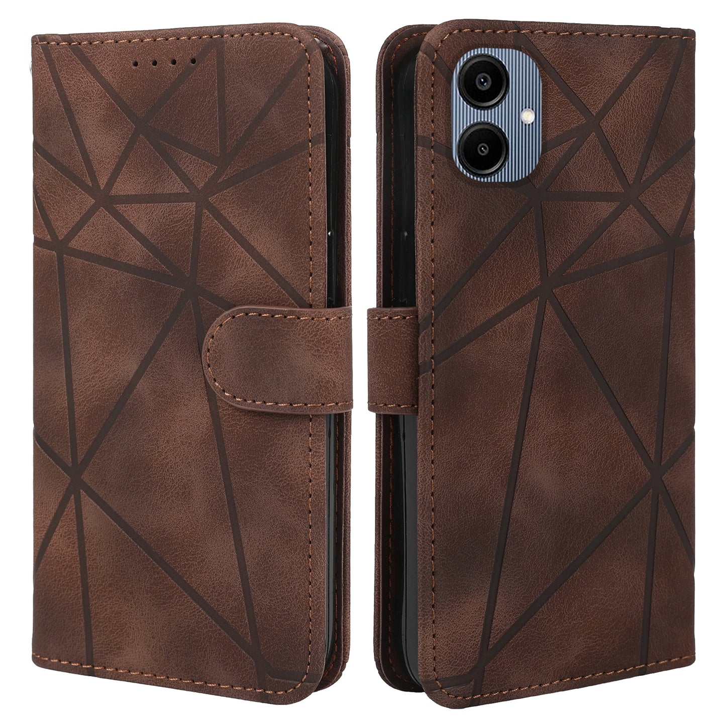 For Samsung Galaxy A06 Stand Case Line Pattern Leather Phone Cover - Brown