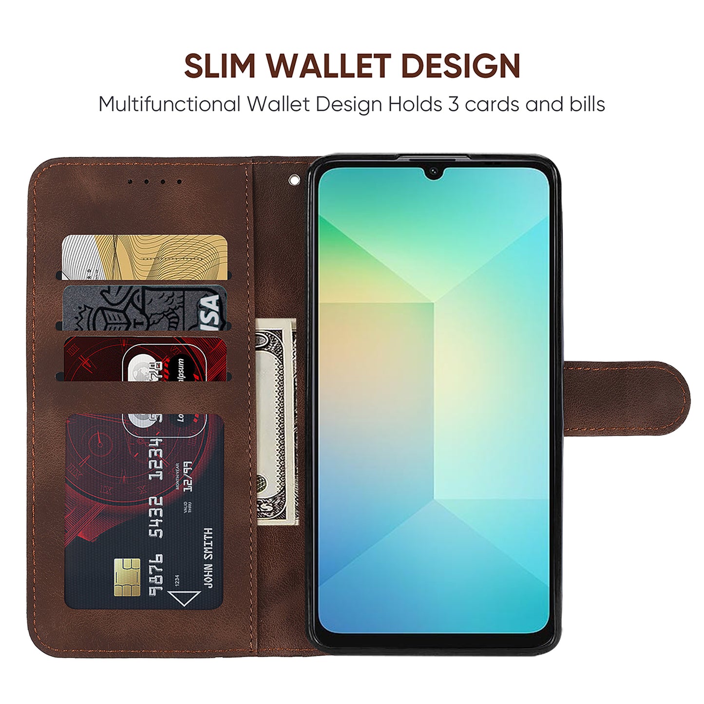 For Samsung Galaxy A06 Stand Case Line Pattern Leather Phone Cover - Brown