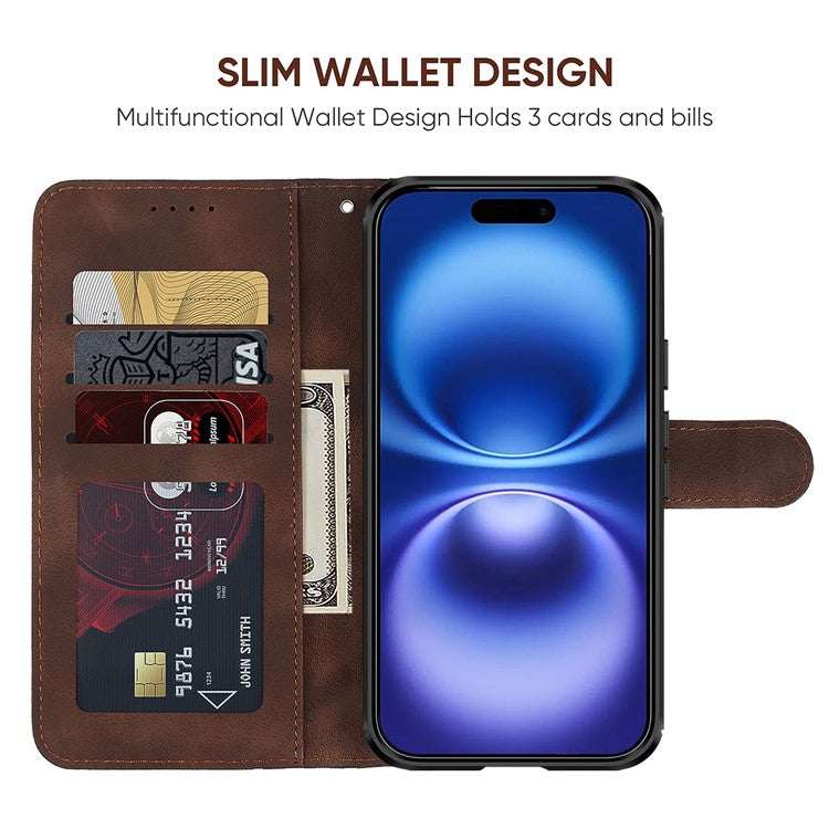 For iPhone 16 Plus Stand Case Line Pattern Leather Phone Cover - Brown