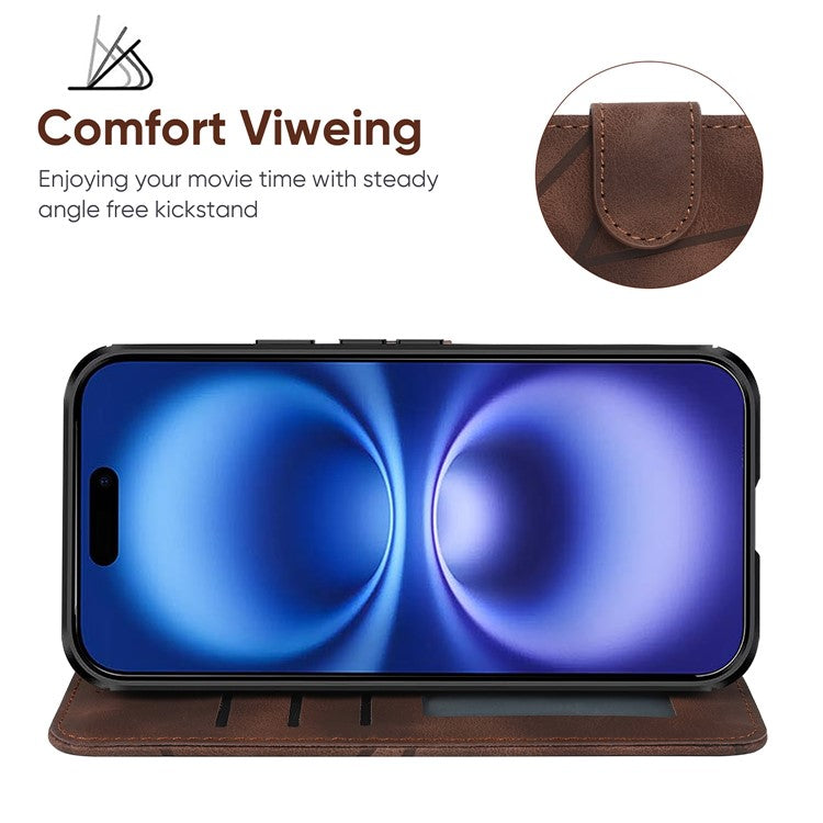 For iPhone 16 Plus Stand Case Line Pattern Leather Phone Cover - Brown