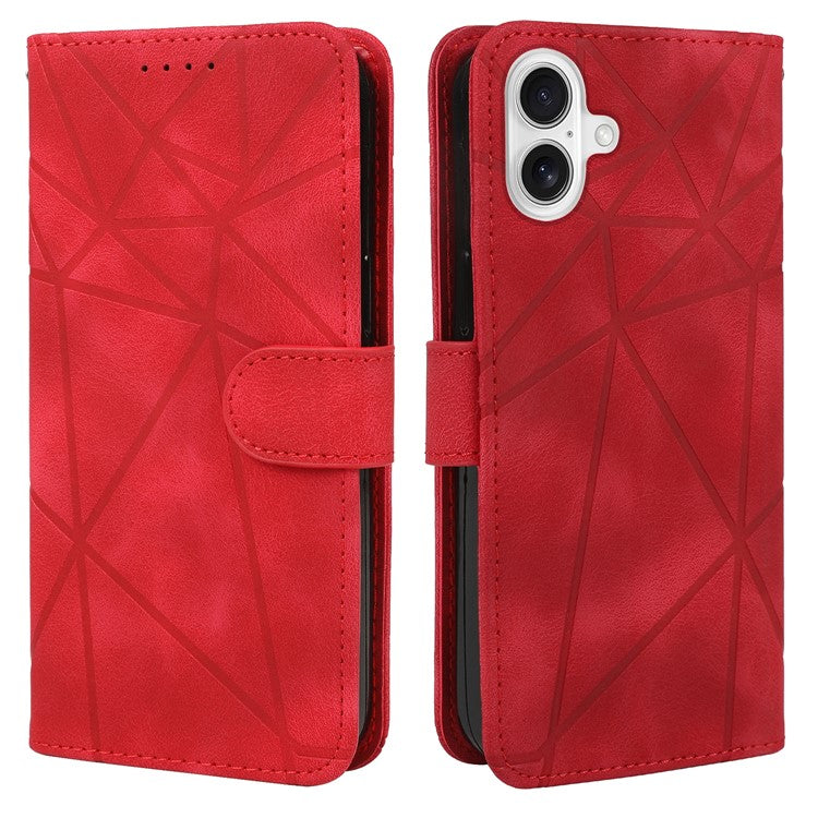 For iPhone 16 Stand Case Line Pattern Leather Phone Cover - Red