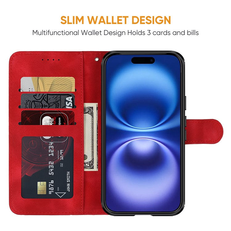 For iPhone 16 Stand Case Line Pattern Leather Phone Cover - Red
