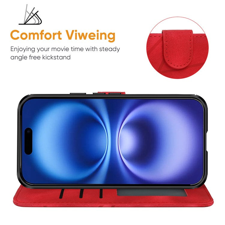 For iPhone 16 Stand Case Line Pattern Leather Phone Cover - Red