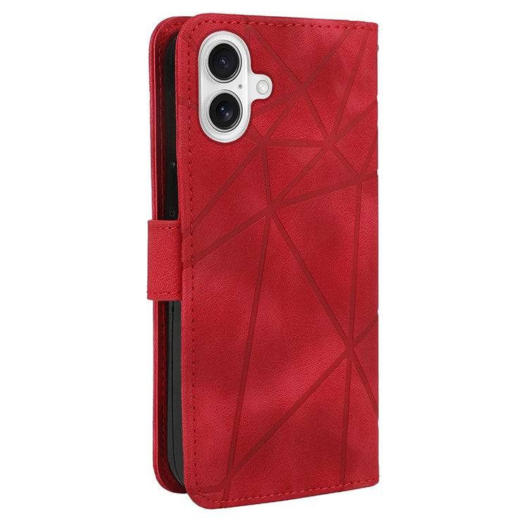 For iPhone 16 Stand Case Line Pattern Leather Phone Cover - Red