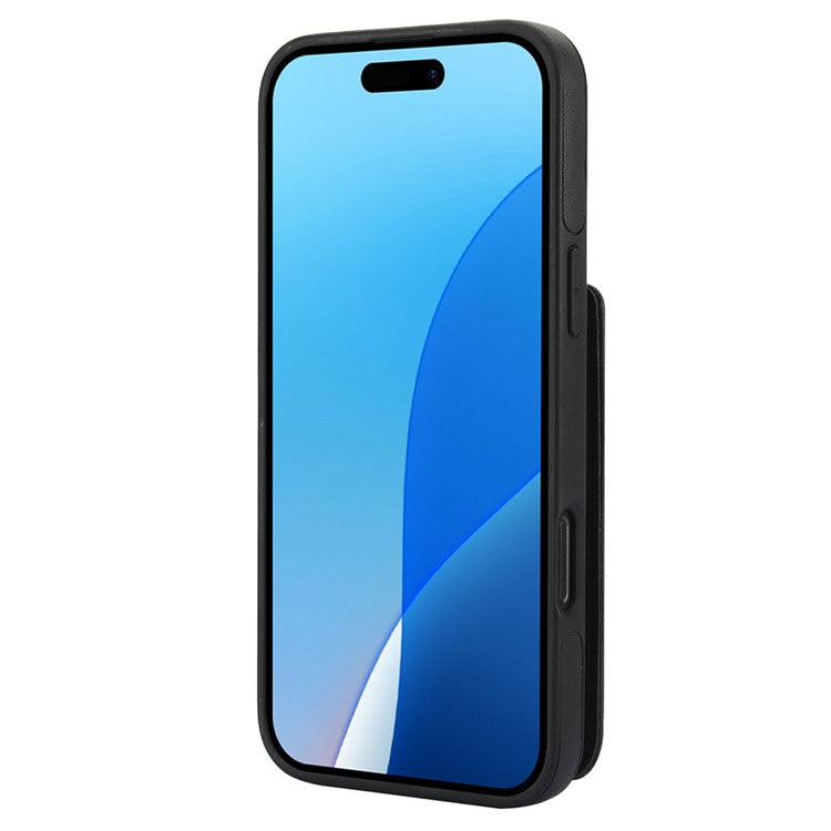 For iPhone 16 Pro Case Card Holder Kickstand PU+TPU Phone Cover with Shoulder Strap - Black