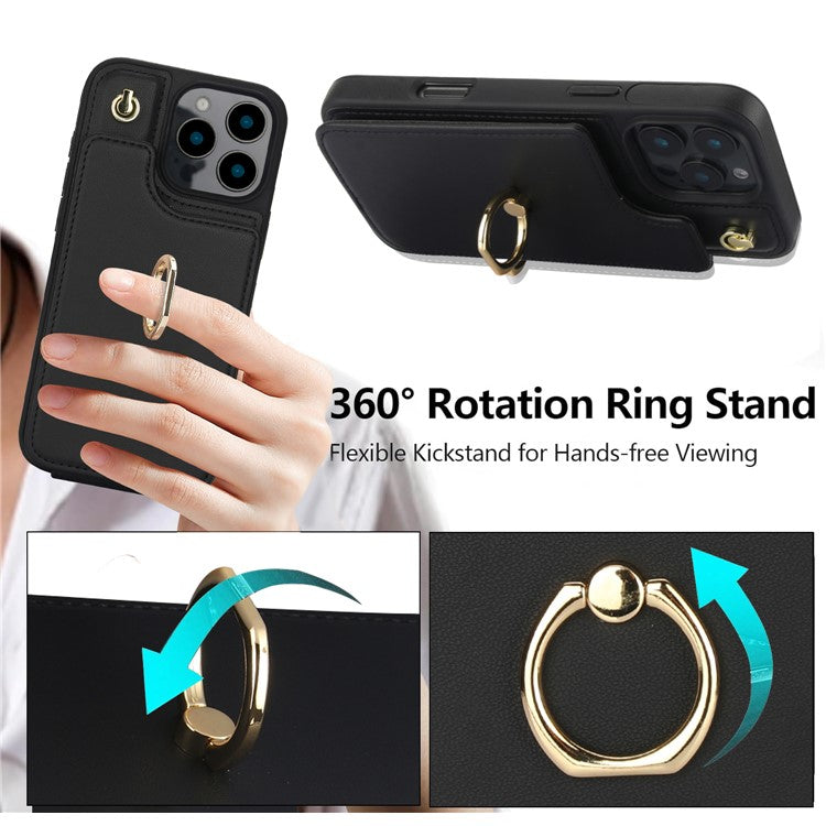 For iPhone 16 Pro Case Card Holder Kickstand PU+TPU Phone Cover with Shoulder Strap - Black