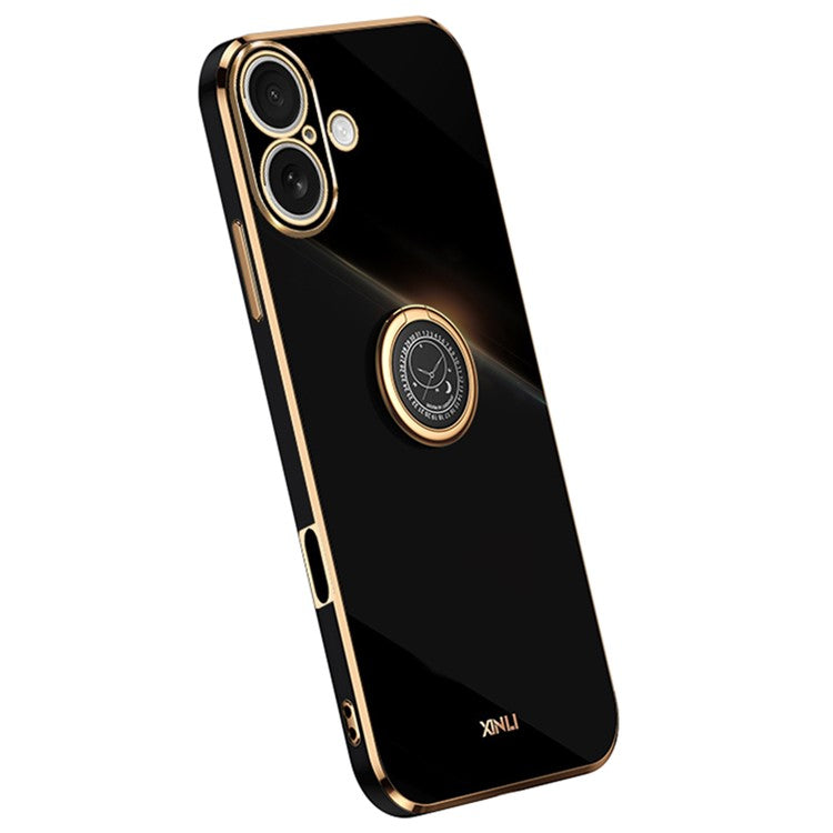 XINLI For iPhone 16 Case Ring Kickstand Electroplating TPU Phone Cover - Black
