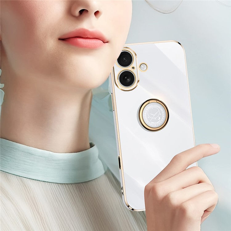XINLI For iPhone 16 Case Ring Kickstand Electroplating TPU Phone Cover - Black