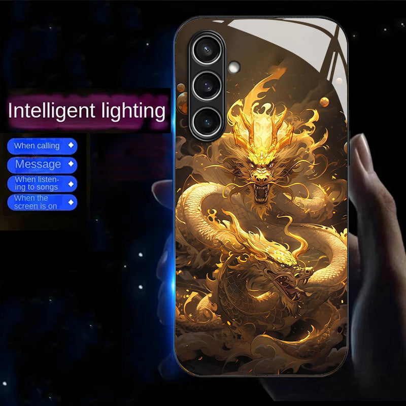For Samsung Galaxy A16 5G / A16 4G Case Call Flash Series Pattern Printing Tempered Glass + TPU Combo Phone Case - Golden Dragon