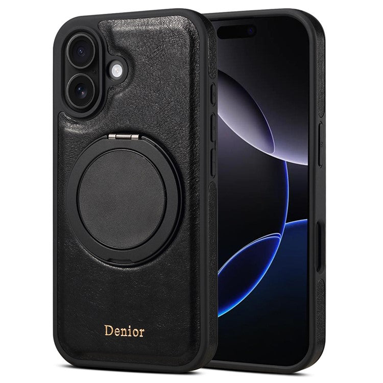 DENIOR For iPhone 16 Case Rotating Magnetic Kickstand Genuine Cow Leather Phone Back Cover - Black