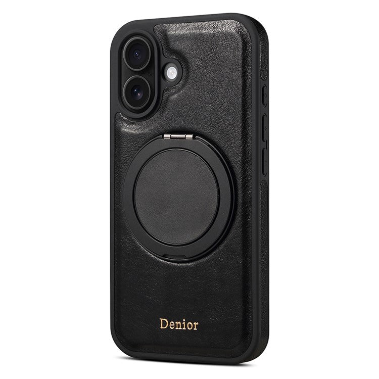 DENIOR For iPhone 16 Case Rotating Magnetic Kickstand Genuine Cow Leather Phone Back Cover - Black