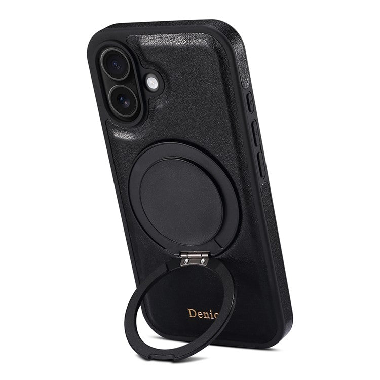 DENIOR For iPhone 16 Case Rotating Magnetic Kickstand Genuine Cow Leather Phone Back Cover - Black